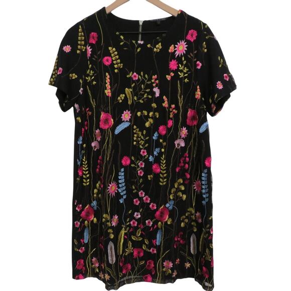 Felicity & Coco Womens Sz L Black Pink Blue Embroidered Floral Mini Dress - Picture 1 of 6